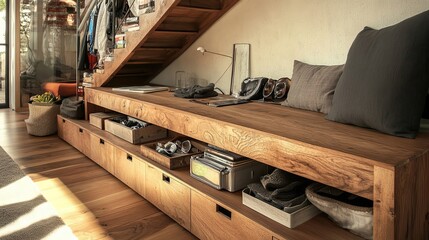 Wooden bench with storage compartments and cushions under a staircase