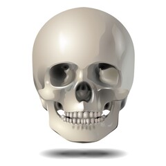 A detailed, three-dimensional rendering of a human skull is shown on a white background. The skull features prominent shading, highlighting its anatomical structure & giving it a realistic appearance.