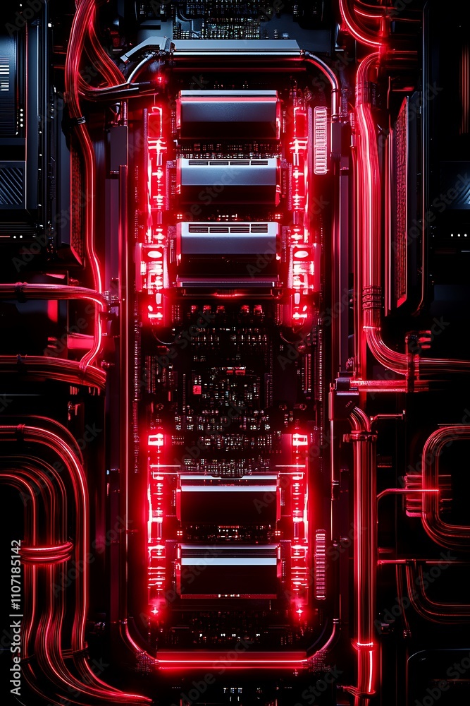 Poster abstract close-up of a high-tech computer system with illuminated red circuits and modern digital ha