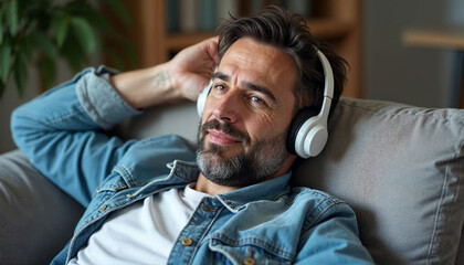 Carefree peaceful Hispanic man in white big headphones relaxing on home sofa, listening to chilling lounge meditative music with closed eyes, breathing fresh air, enjoying favorite tunes, songs