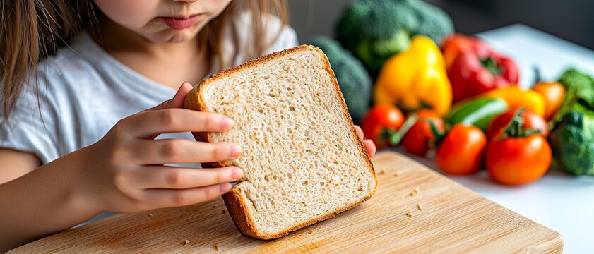 Young Woman Rejects Gluten Bread in Colorful Kitchen