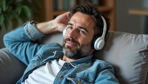 Carefree peaceful Hispanic man in white big headphones relaxing on home sofa, listening to chilling lounge meditative music with closed eyes, breathing fresh air, enjoying favorite tunes, songs