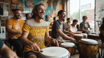 A group of people gathered in a lively indoor setting playing hand drums, laughing and enjoying a casual music session together.