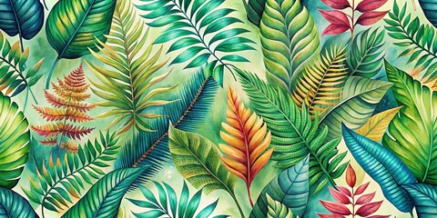 Fototapeta premium Tropical Watercolor Pattern Featuring Lush Fern Leaves for Vibrant and Refreshing Decor, Ideal for Fabric, Wallpaper, and Stationery Designs