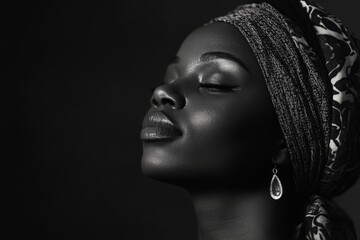 A stunning monochrome portrait of a woman with her eyes closed, conveying elegance and peace, accentuated by her serene expression and sophisticated backdrop.