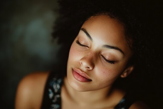A beautiful portrait of a young woman captured in soft light, conveying a sense of peace, relaxation, and serenity with her eyes gently closed and a calm expression.