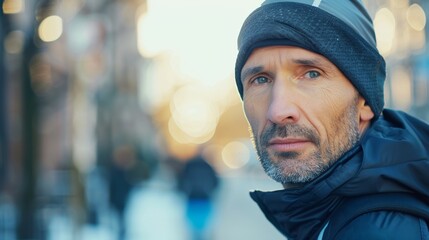 A man standing On a city Street captured in a close-up shot with a shallow depth of field.