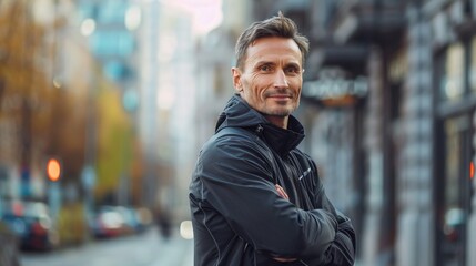 Fototapeta premium A middle-aged man with short brown hair dressed in a black jacket stands with arms crossed On a city Street surrounded by blurred buildings and cars in the background.