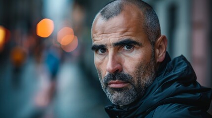 Fototapeta premium A middle-aged man with short brown hair dressed in a black jacket stands with arms crossed On a city Street surrounded by blurred buildings and cars in the background.