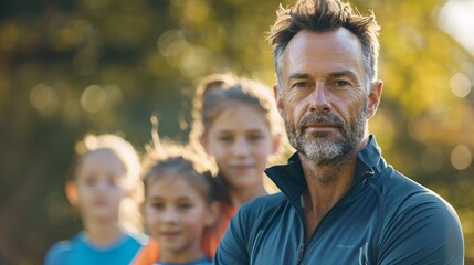 A middle-aged man with short hair dressed in a blue zip-up jacket stands in front Of a group Of children likely a father or coach exuding a sense Of authority and guidance.