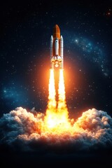 Fototapeta premium Retro Futuristic Spaceship Launching into Starry Sky