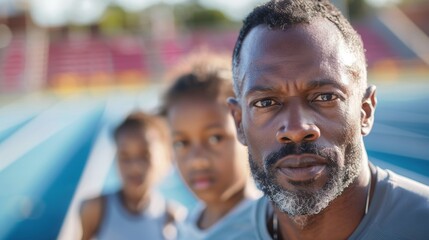 Obraz premium A portrait Of a man and two children standing Outside On a Sunny day.