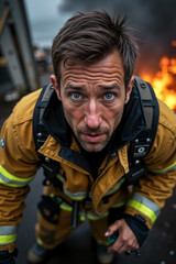 Obraz premium Firefighter, identifiable by his yellow and black uniform and helmet, is captured in a moment of intense focus as he looks directly at the camera with smoke visible behind him.