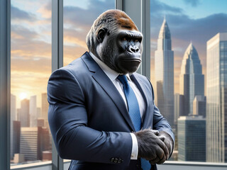 Successful gorilla boss of a modern company against the background of an office located in the business center of a modern big city