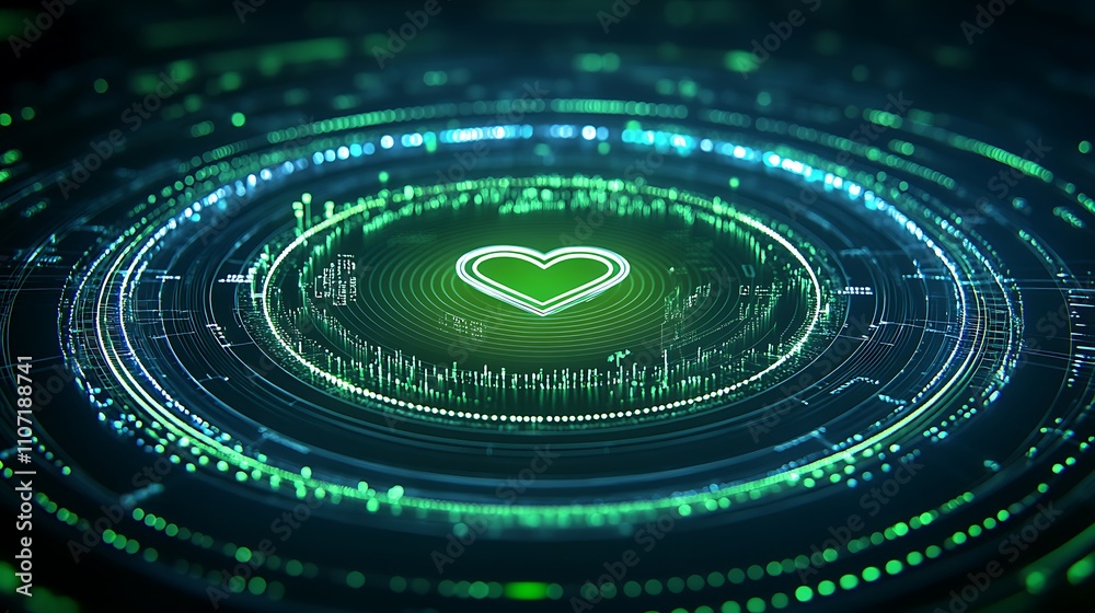 Poster abstract digital heart shape with green pulsating circles in a technological background