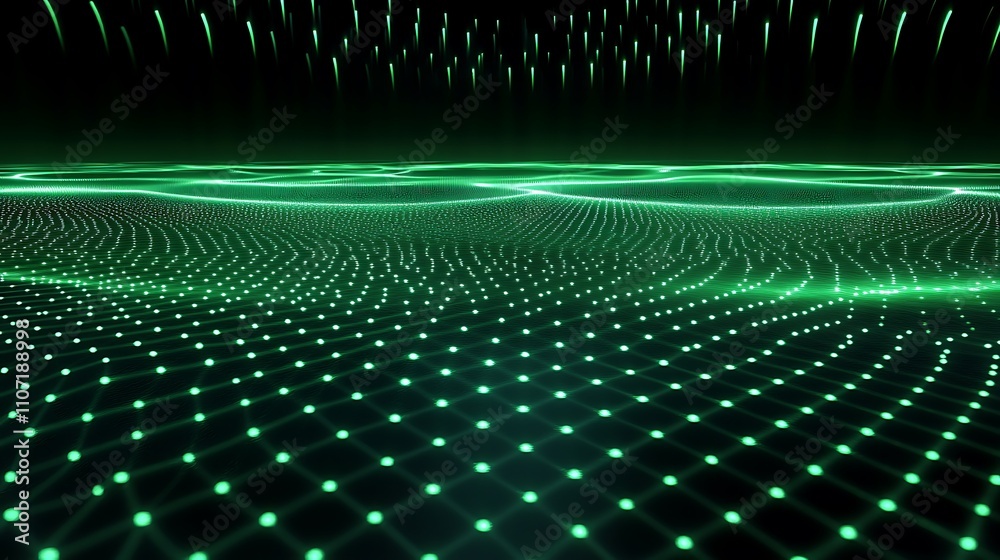 Poster abstract digital landscape with glowing green grid patterns and floating particles in futuristic env