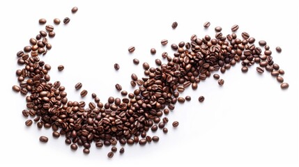 Coffee beans scattered in a crescent shape on a white background, emphasizing motion