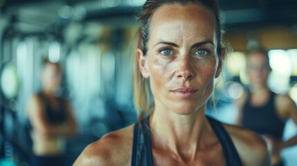 Fototapeta premium A fair-skinned woman with blue eyes and brown hair pulled back stands in a gym wearing a black tank top.