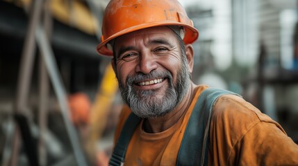 Smiling middle-aged male construction worker with a gray beard wearing an orange hard hat and safety vest at a building site background.