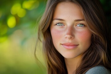 Fototapeta premium A natural portrait of a young woman with brown hair and freckles smiling brightly in a lush green setting, capturing the tranquil beauty of youth and connection with nature.