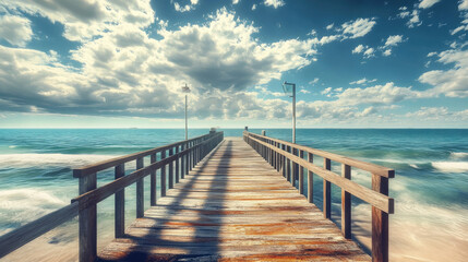 Obraz premium A stunning wooden pier extending into a serene blue ocean under a dramatic cloudy sky.
