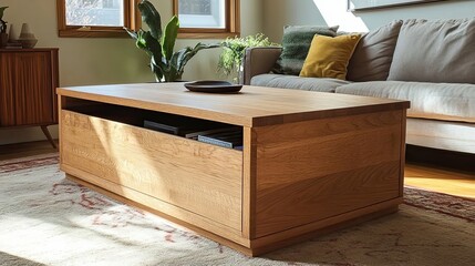 Wooden coffee table with drawer and hidden storage in living room