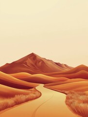 Abstract landscape on warm background. Mountain and road wallpaper in minimal style design with earth tone and summer color. For prints, interiors, wall art, decoration, covers, banner and poster.