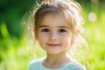A cute little girl with brown hair and bright eyes smiles cheerfully in a green outdoor setting, embodying innocence and joy in the beautiful natural light around her.