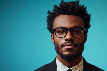 Obraz premium A striking portrait of a confident black man wearing stylish glasses and a patterned shirt, standing against a solid blue backdrop, exuding sophistication and charisma.
