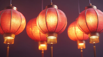 A set of vibrant red decorative lanterns glowing warmly in a dim setting.