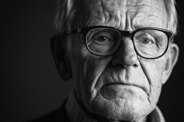 A serious elderly man with glasses stares directly into the camera, showcasing the wisdom and depth of his life experiences through detailed facial lines and expressions.