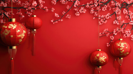 Vibrant red lanterns and cherry blossoms set against a rich red background, symbolizing prosperity and joy.