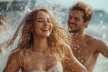 Obraz premium Joyful moments at the beach with carefree laughter and splashes during a sunny summer day