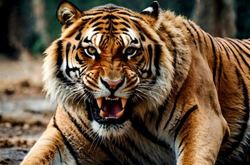 Obraz premium Captivating image of a tiger, its eyes filled with fury, captures the essence of the wild.