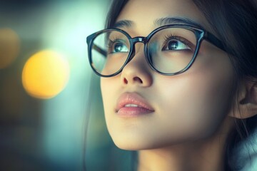 Fototapeta premium A stunning portrait of a young woman with glasses, gazing upwards thoughtfully, capturing a moment of introspection amid a softly illuminated background.