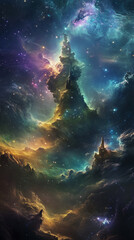 Fototapeta premium otherworldly, fantasy-inspired digital artwork depicting nebula clouds in space with the shape of magical tower in the center, featuring vibrant colors and ethereal lighting, cosmic backdrop