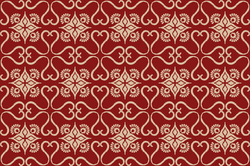 Ikat embroidery seamless pattern with symmetric geometric ornament. Damask mosaic texture. Kaleidoscope abstract background. Aztec-style vector illustration. Design for texture, fabric, clothing