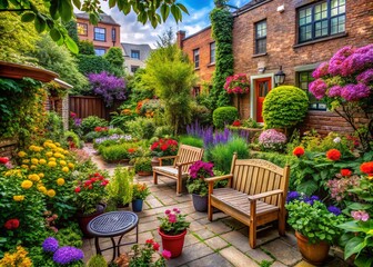 Urban Exploration Photography: A Neat and Tidy Garden Amidst the Cityscape, Showcasing Lush Greenery, Vibrant Flowers, and Cozy Outdoor Seating in an Urban Setting