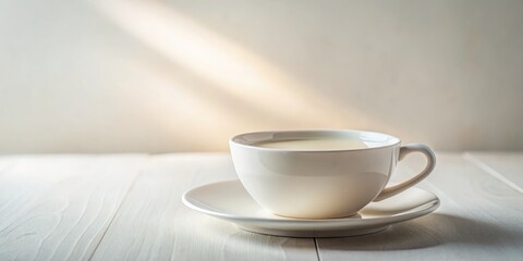 Fototapeta premium A Serene Moment: Cup with Milk on a Saucer Bathed in Soft Light, Capturing the Essence of Simplicity and Comfort in a Minimalistic Setting