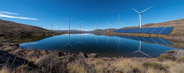 Renewable energy landscape with wind turbines and solar panels near a water body.