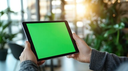 A learner using an iPad with a green screen in a quiet, well-lit office environment, symbolizing tech-enabled study.
