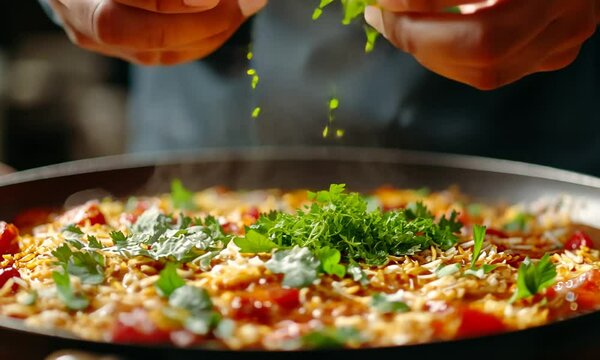 Hands adding fresh cilantro to a steaming skillet of flavorful rice dish.