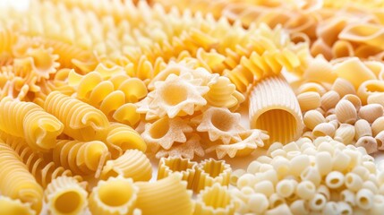 Close-up of different pasta types including penne, spaghetti, and bowtie on a white background
