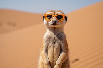 Chic meerkat in orange sunglasses standing in the desert under the blue sky.