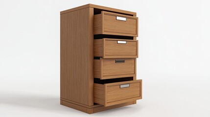 Wooden cabinet with four drawers, one open