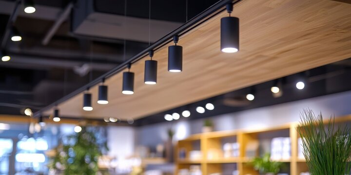 A modern track lighting mockup installed on a ceiling in a retail space, illuminating merchandise displays with adjustable fixtures