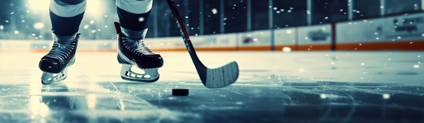 Close-up of a hockey player's skates and stick on the ice rink during a game.