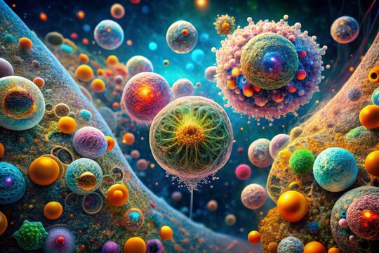 A Surreal and Photorealistic Double Exposure of a Bustling Cytoplasm with Dynamic Vesicles, Microtubules, and Enzymes Captured in a Wide-Angle Perspective