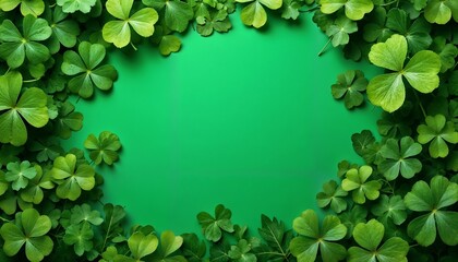 Fototapeta premium Lush green clovers and leaves forming a natural frame on a vibrant green background
