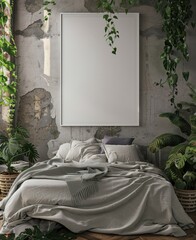 Blank canvas mockup in a bedroom with plants and a white bed